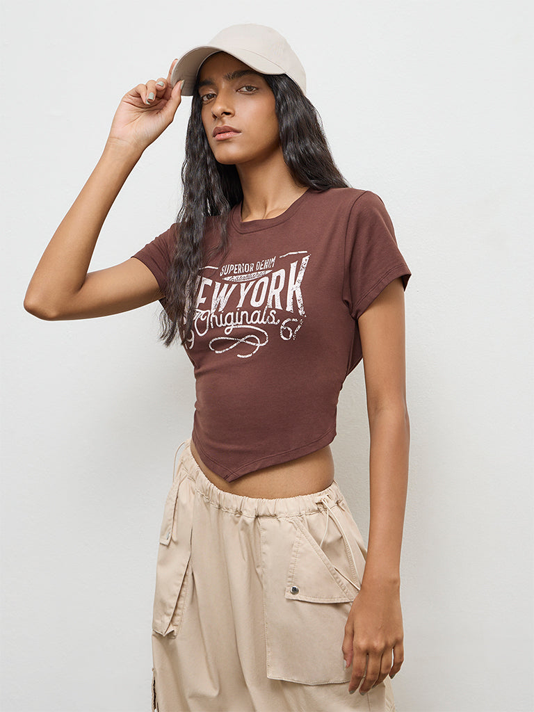 Nuon Brown Text Printed Cotton T-Shirt