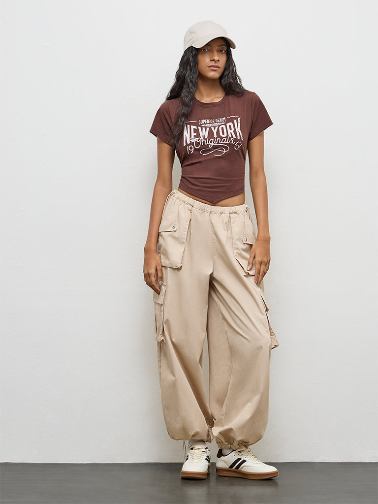 Nuon Brown Text Printed Cotton T-Shirt