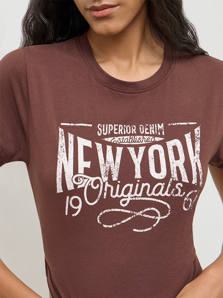 Nuon Brown Text Printed Cotton T-Shirt