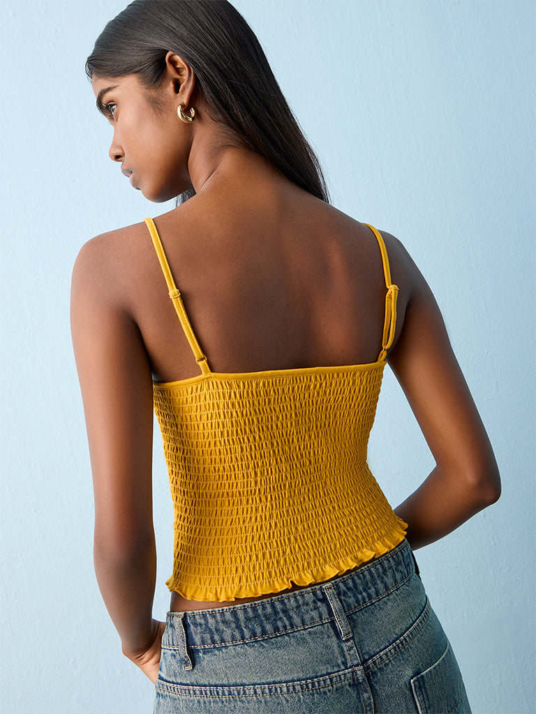 Nuon Mustard Smocked Cotton-Blend Top