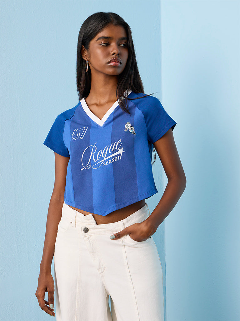 Nuon Blue Text Printed Cotton T-Shirt