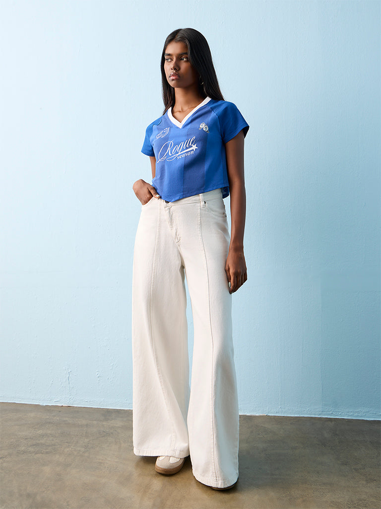Nuon Blue Text Printed Cotton T-Shirt