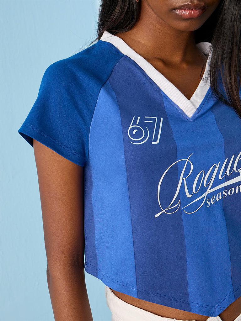 Nuon Blue Text Printed Cotton T-Shirt