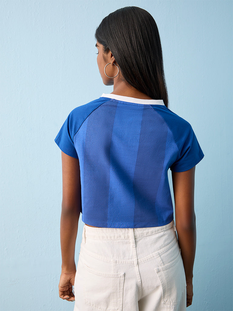 Nuon Blue Text Printed Cotton T-Shirt
