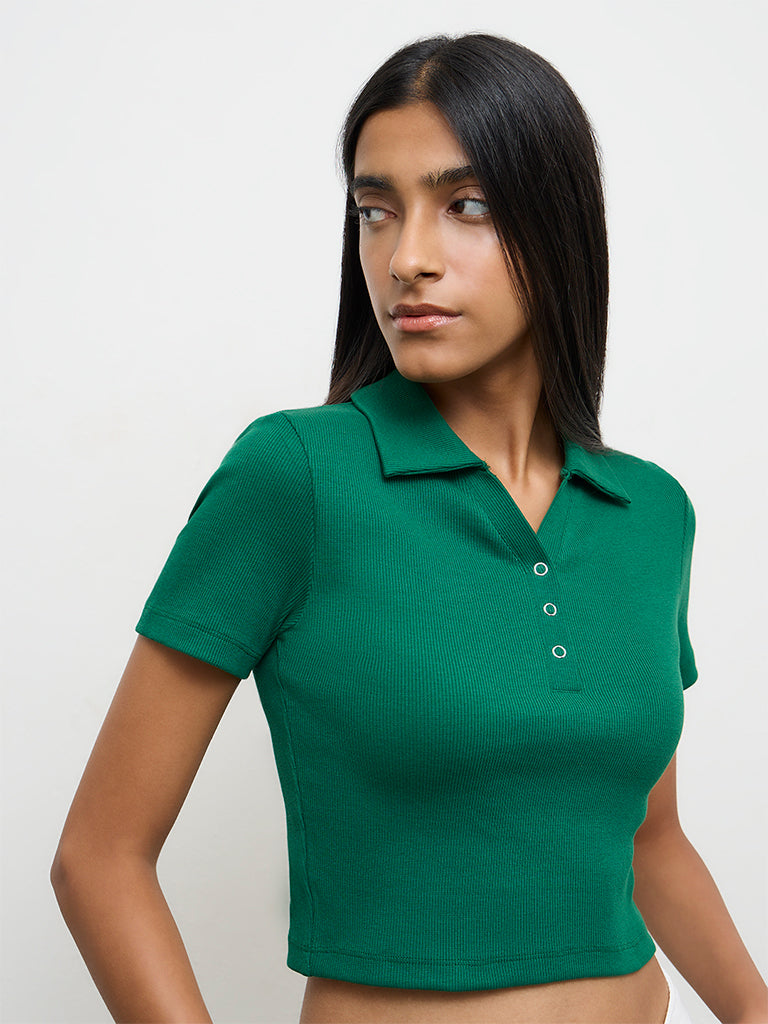 Nuon Green Ribbed Cotton-Blend T-Shirt