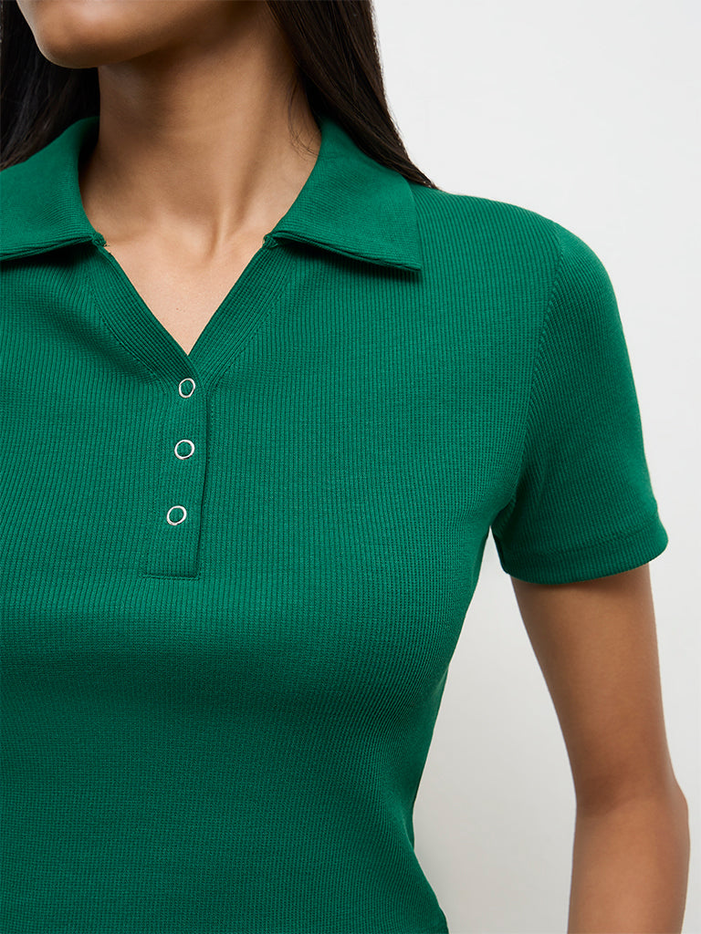 Nuon Green Ribbed Cotton-Blend T-Shirt
