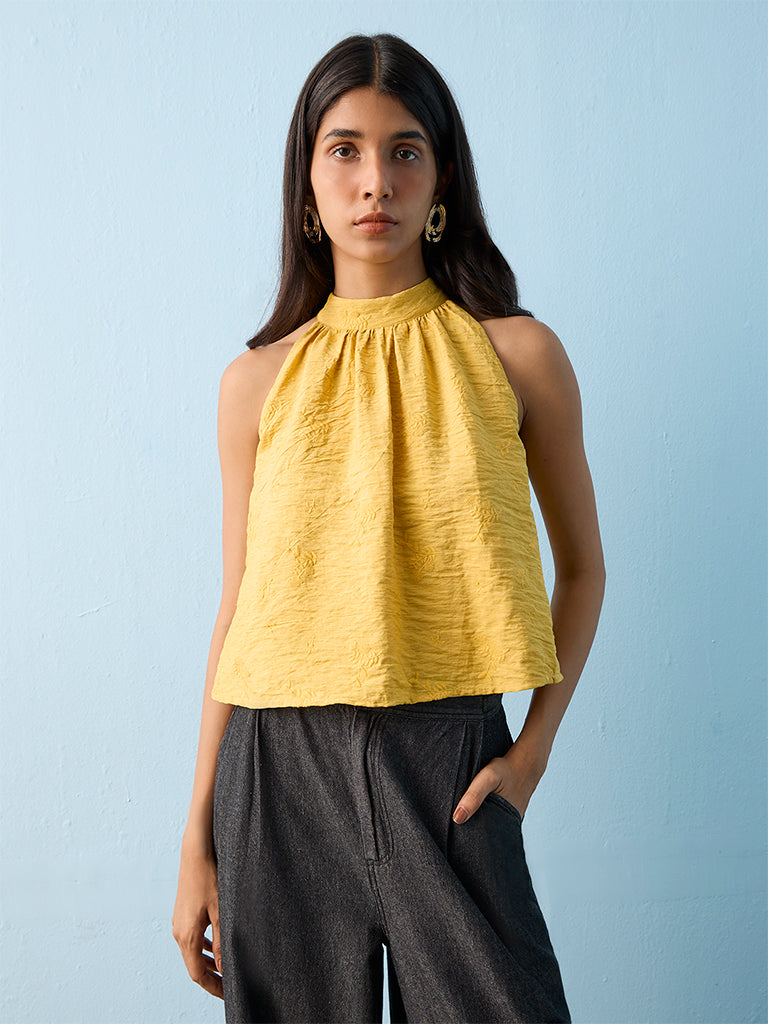 LOV Mustard Crinkle-Textured Top