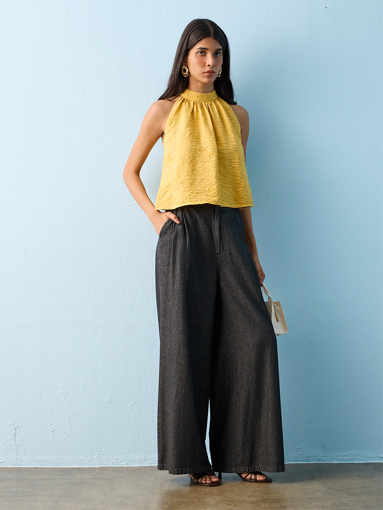 LOV Mustard Crinkle-Textured Top