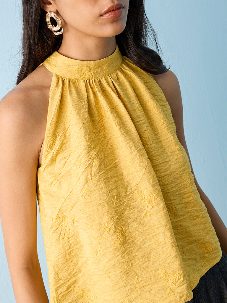 LOV Mustard Crinkle-Textured Top