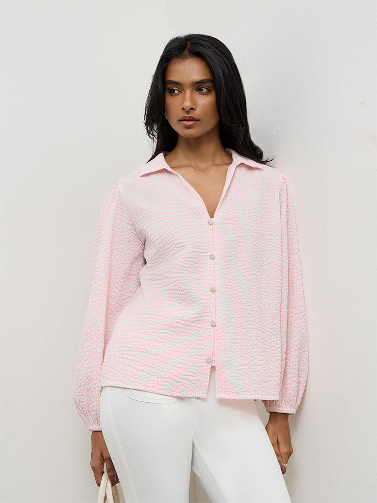 LOV Pink Seersucker Textured Blouse