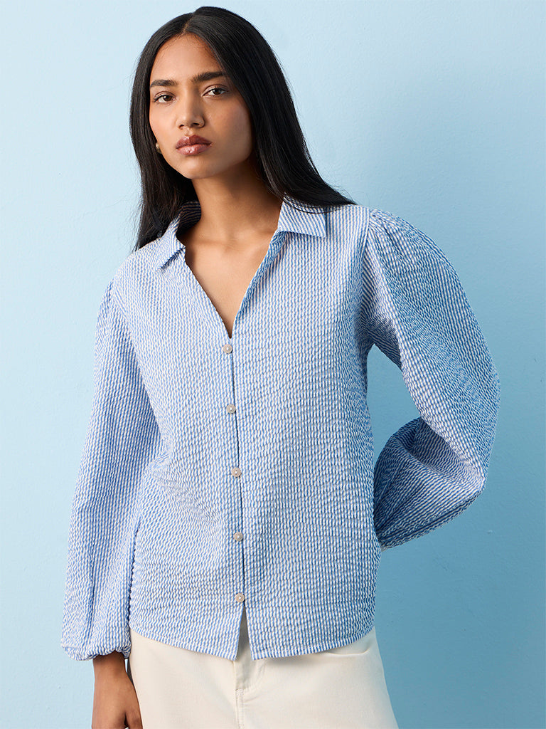 LOV Blue Seersucker Textured Blouse
