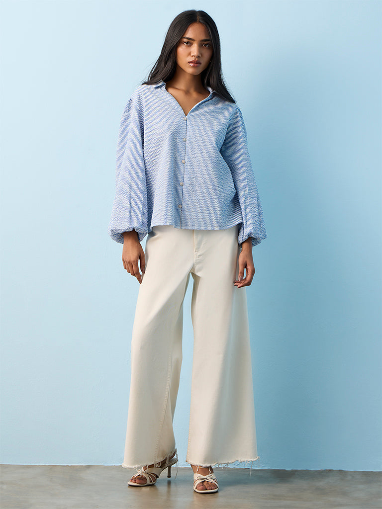 LOV Blue Seersucker Textured Blouse