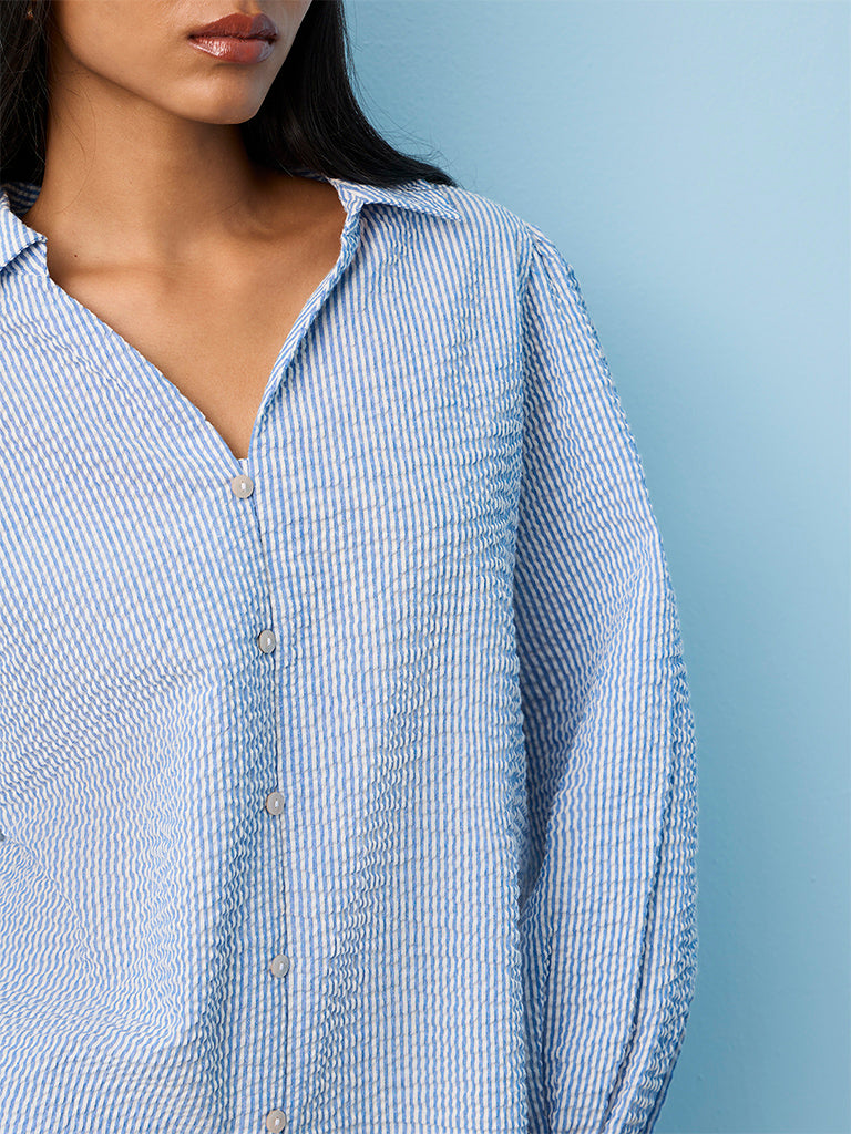 LOV Blue Seersucker Textured Blouse