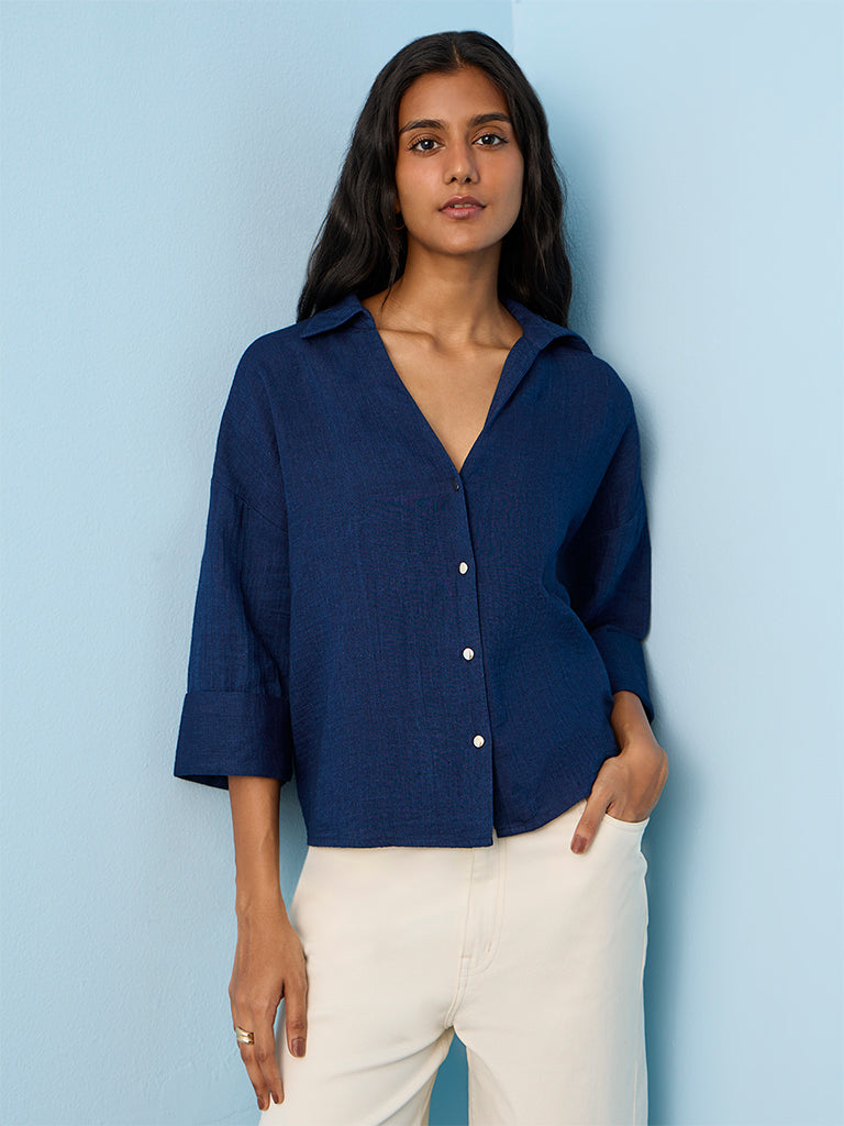 LOV Navy Textured Cotton Blouse
