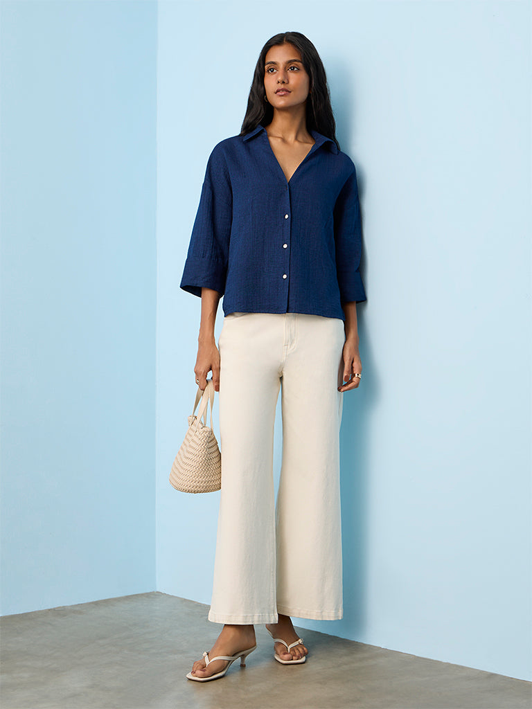 LOV Navy Textured Cotton Blouse