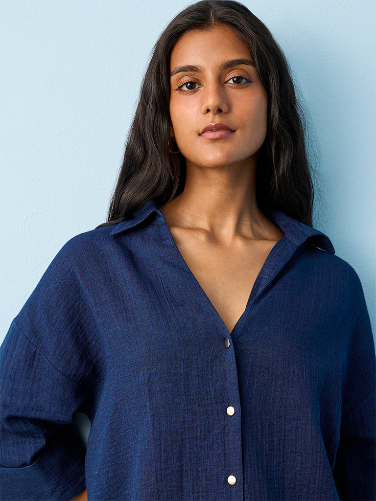 LOV Navy Textured Cotton Blouse