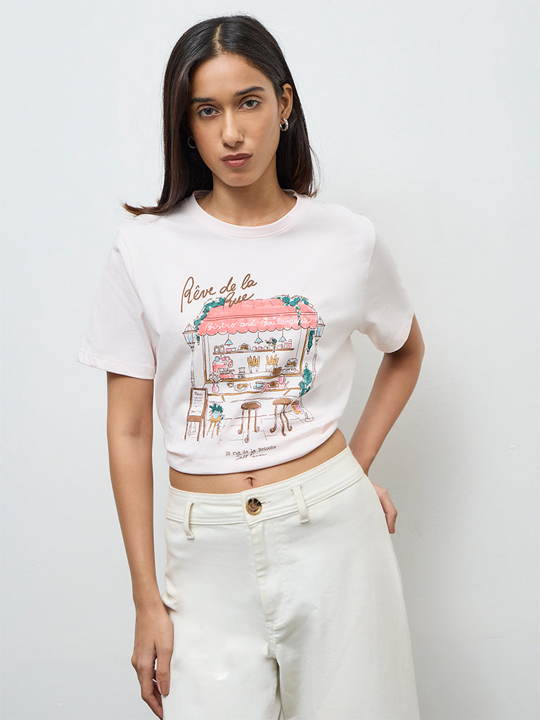 LOV Light Pink Printed Cotton T-Shirt