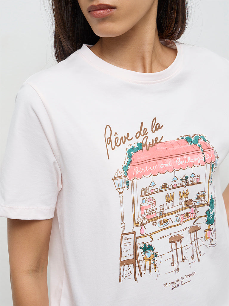LOV Light Pink Printed Cotton T-Shirt