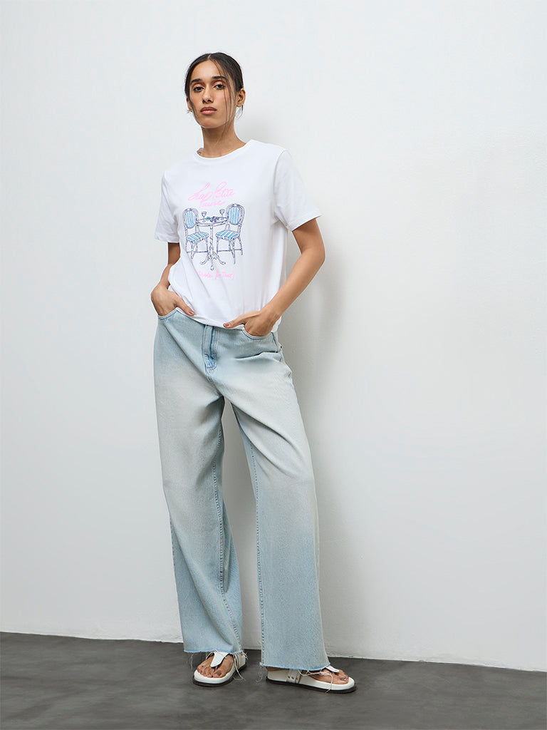 LOV White Graphic Printed Cotton T-Shirt