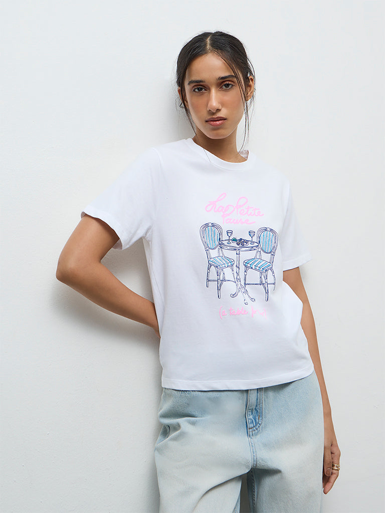 LOV White Graphic Printed Cotton T-Shirt