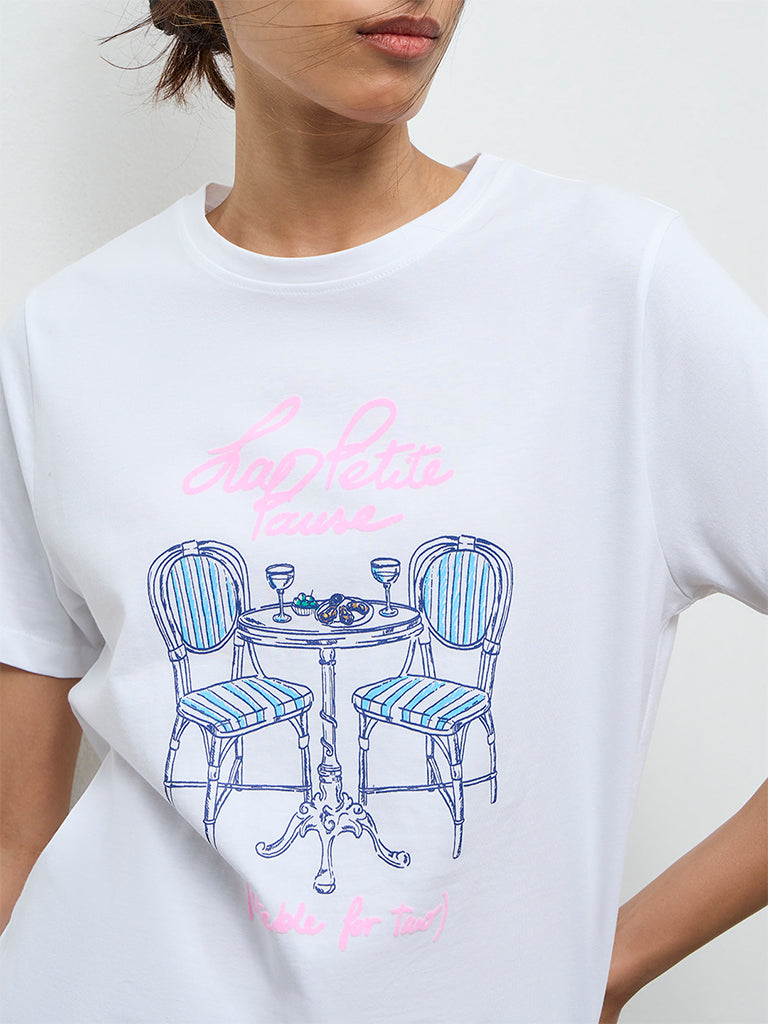 LOV White Graphic Printed Cotton T-Shirt