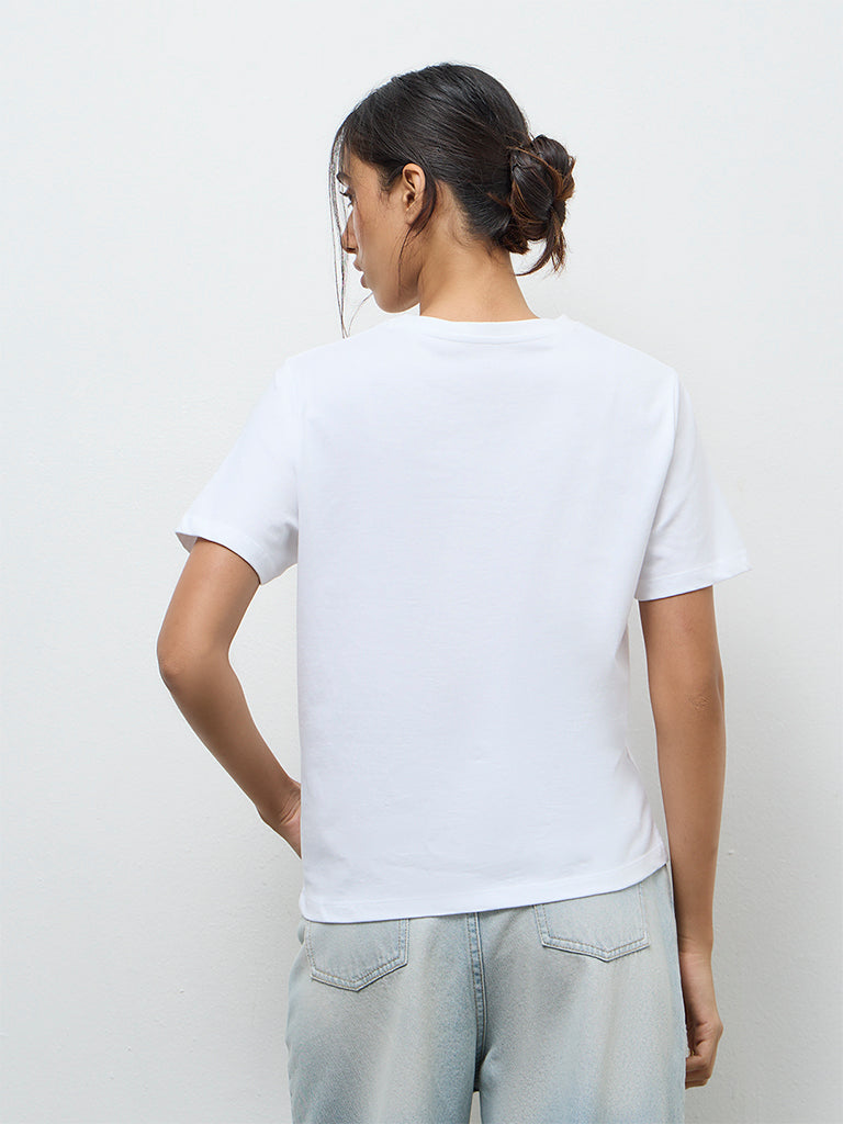 LOV White Graphic Printed Cotton T-Shirt