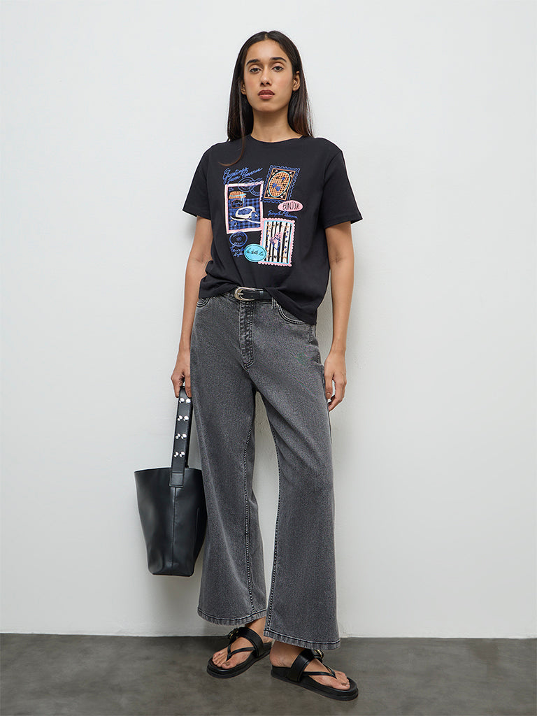 LOV Black Printed Cotton T-Shirt