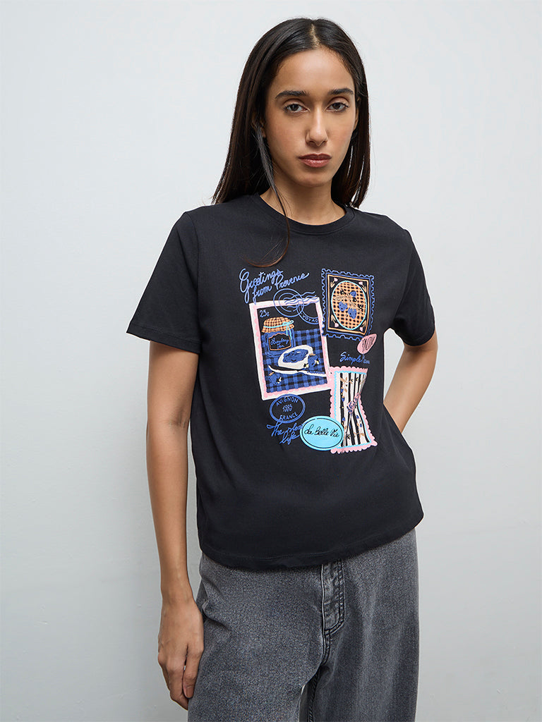 LOV Black Printed Cotton T-Shirt