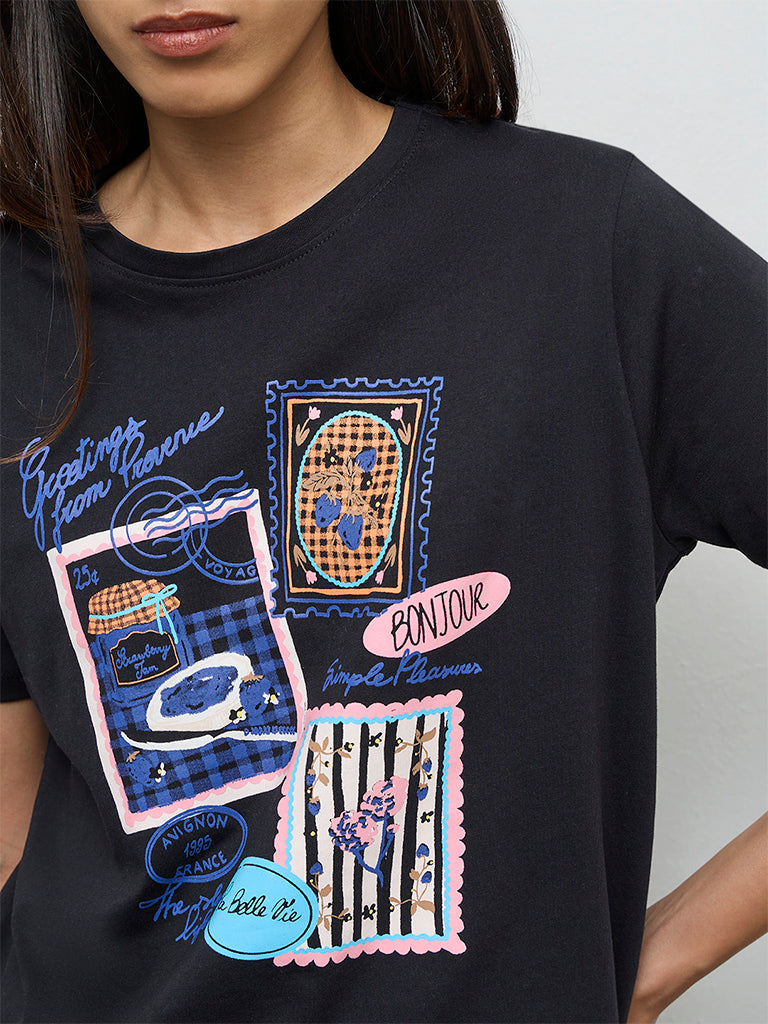 LOV Black Printed Cotton T-Shirt