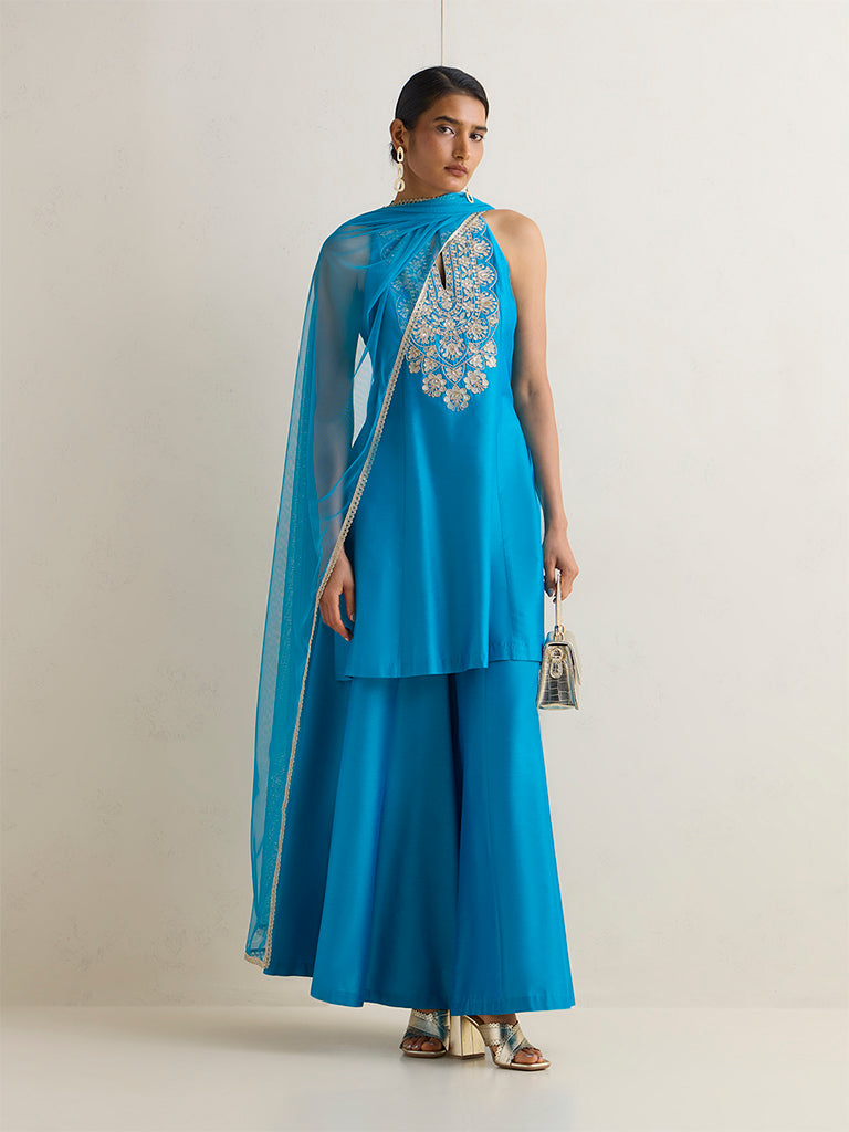 Vark Blue Embroidered A-Line Ethnic Set