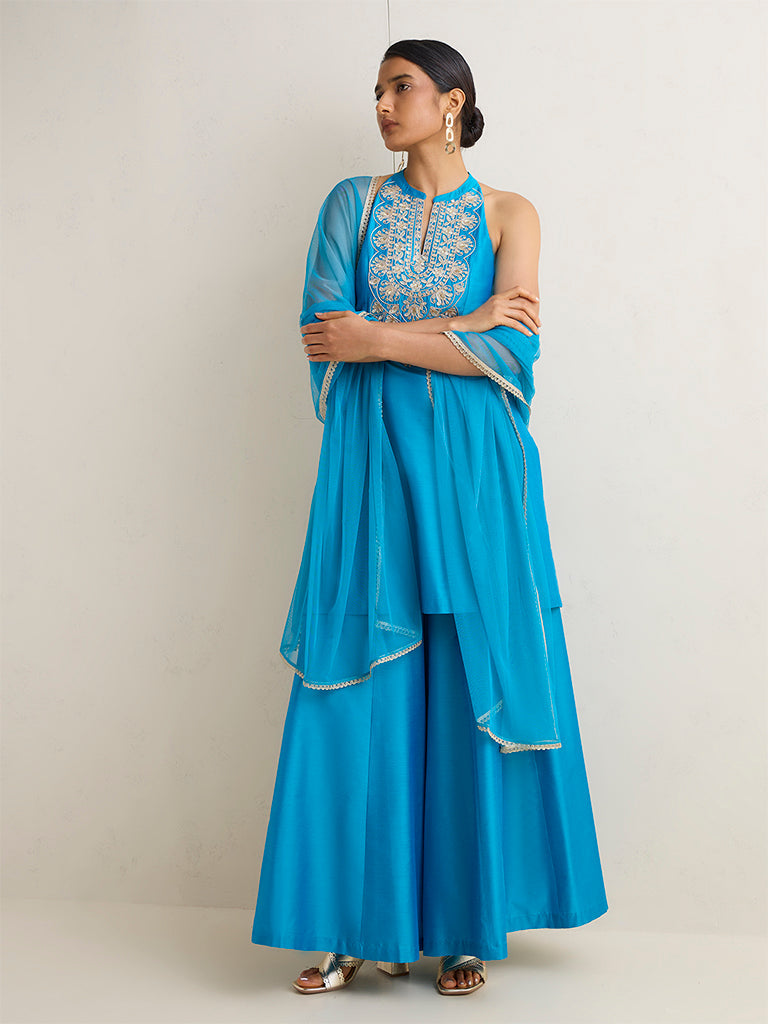 Vark Blue Embroidered A-Line Ethnic Set