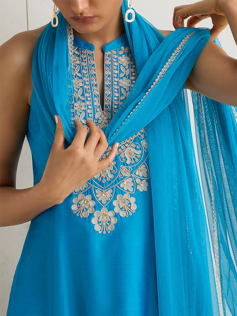 Vark Blue Embroidered A-Line Ethnic Set