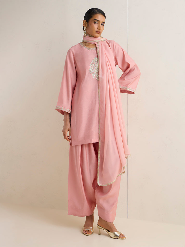 Vark Blush Pink Embroidered Straight Ethnic Set