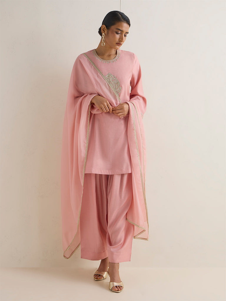Vark Blush Pink Embroidered Straight Ethnic Set