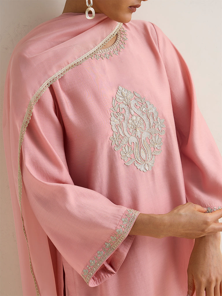 Vark Blush Pink Embroidered Straight Ethnic Set