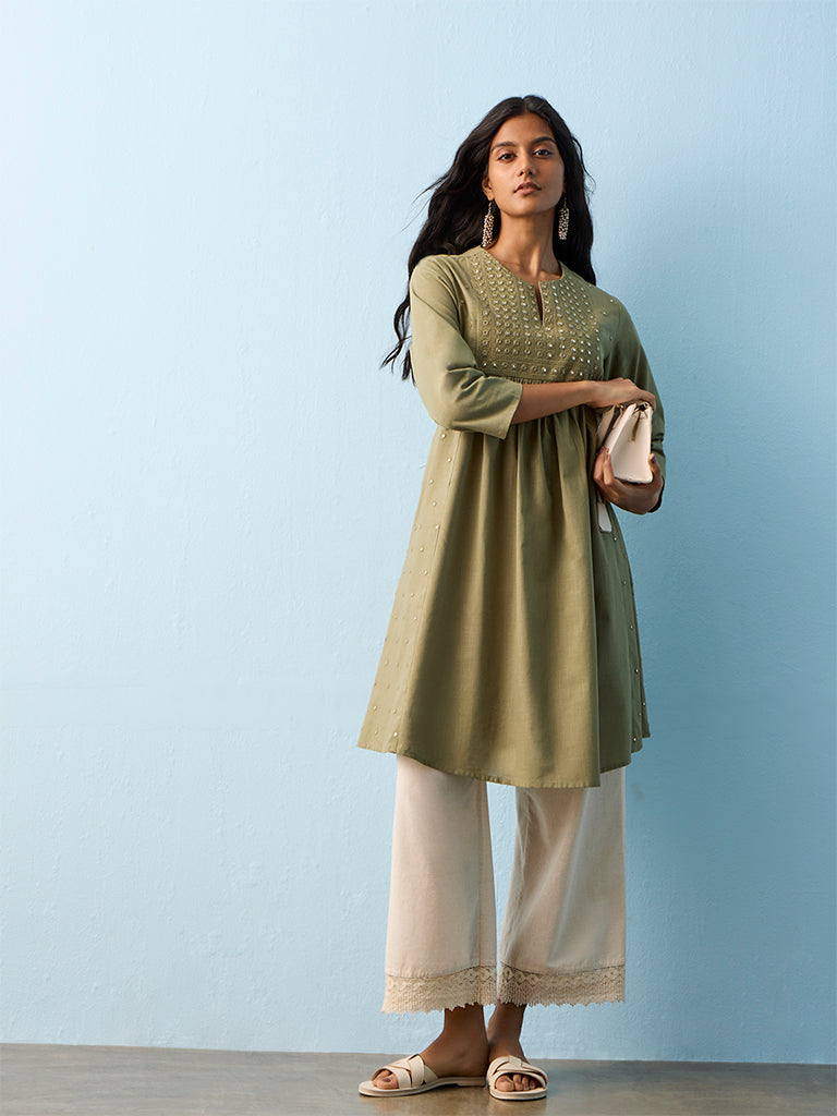 Utsa Green Mirror Embroidered Cotton A-line Kurta