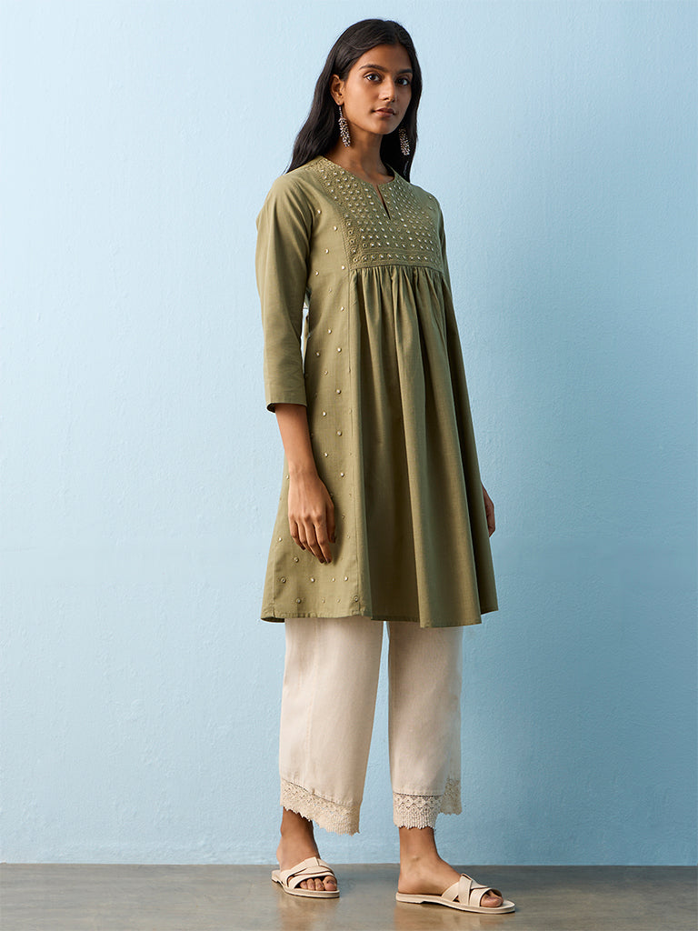 Utsa Green Mirror Embroidered Cotton A-line Kurta