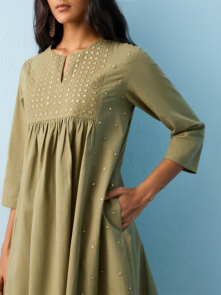 Utsa Green Mirror Embroidered Cotton A-line Kurta