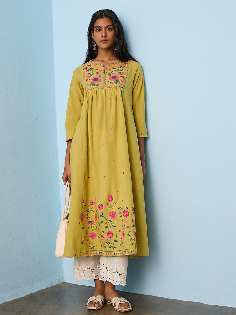 Utsa Lime Floral Embroidered Cotton-Blend Anarkali Kurta