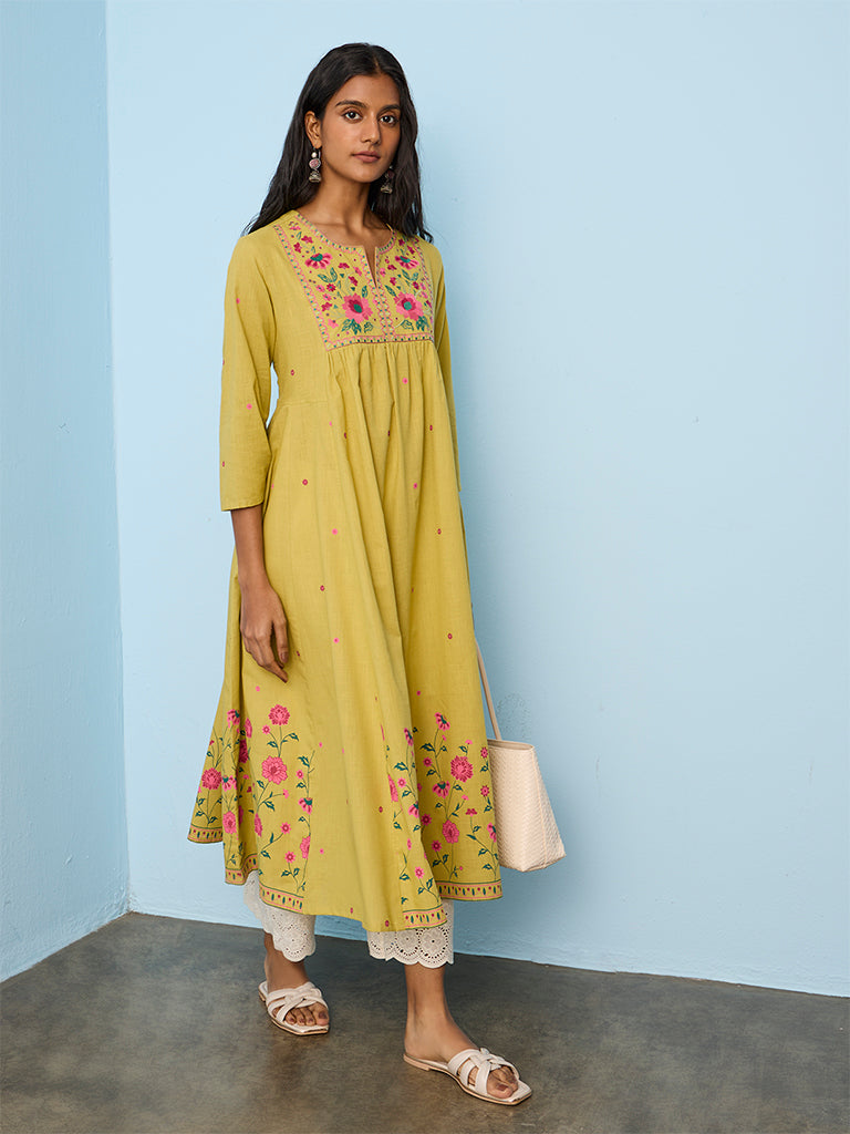 Utsa Lime Floral Embroidered Cotton-Blend Anarkali Kurta