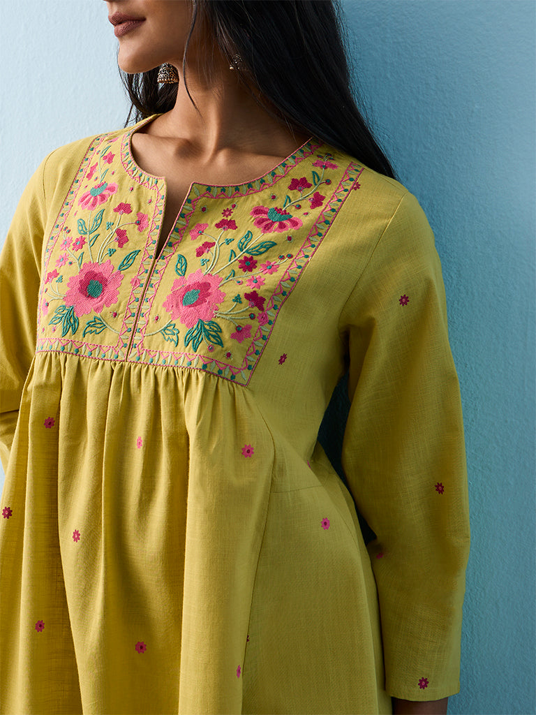 Utsa Lime Floral Embroidered Cotton-Blend Anarkali Kurta