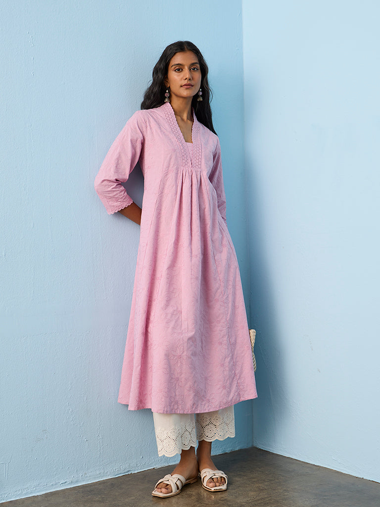 Utsa Lilac Floral Embroidered Cotton A-Line Kurta