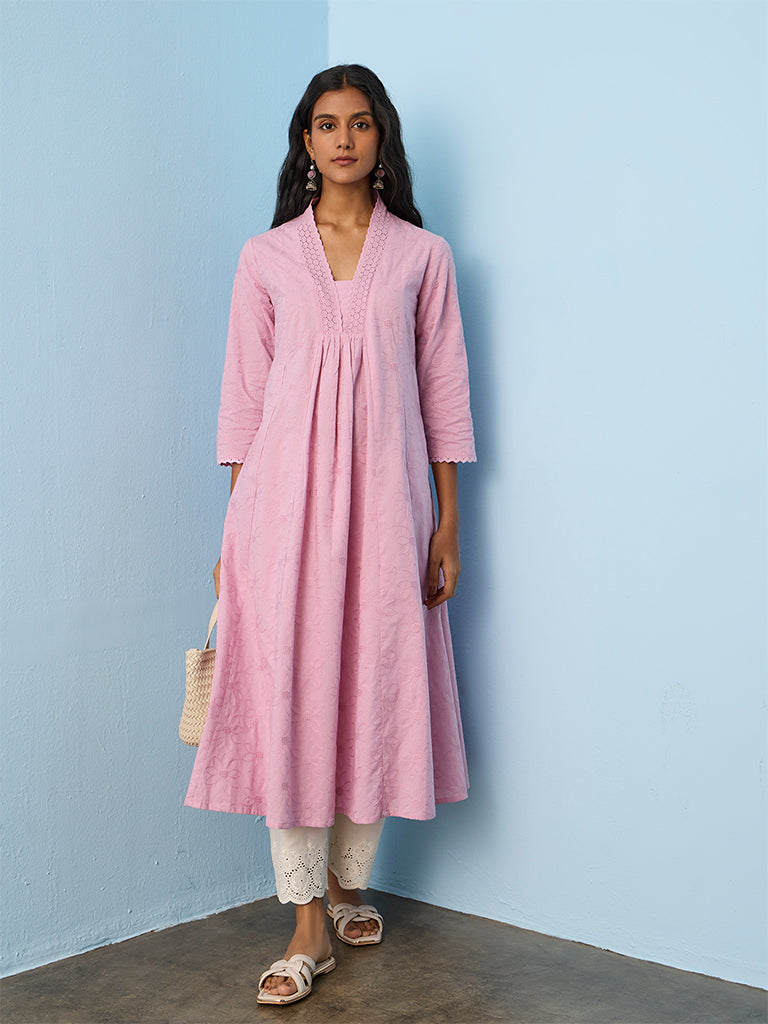 Utsa Lilac Floral Embroidered Cotton A-Line Kurta