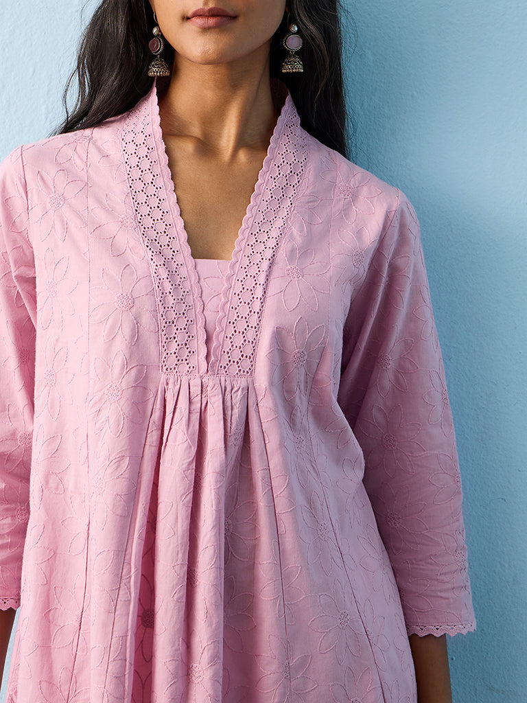 Utsa Lilac Floral Embroidered Cotton A-Line Kurta