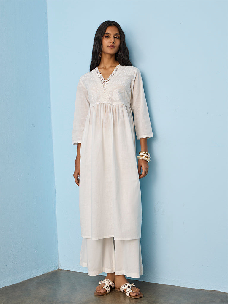 Utsa White Floral Embroidered Cotton A-Line Kurta