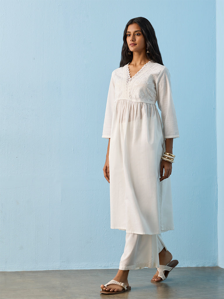 Utsa White Floral Embroidered Cotton A-Line Kurta