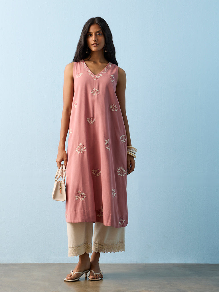 Utsa Dusty Pink Floral Embroidered Cotton-Blend A-line Kurta
