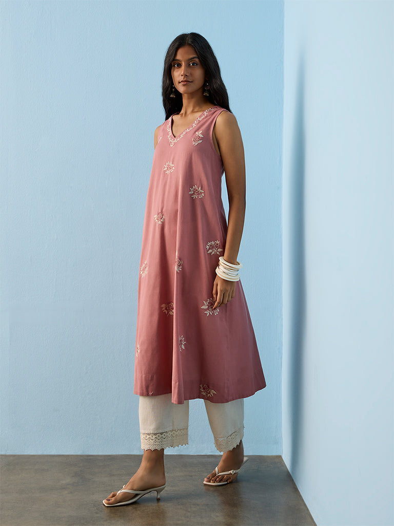 Utsa Dusty Pink Floral Embroidered Cotton-Blend A-line Kurta