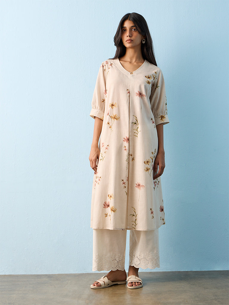 Utsa Taupe Floral Printed Cotton A-line Kurta
