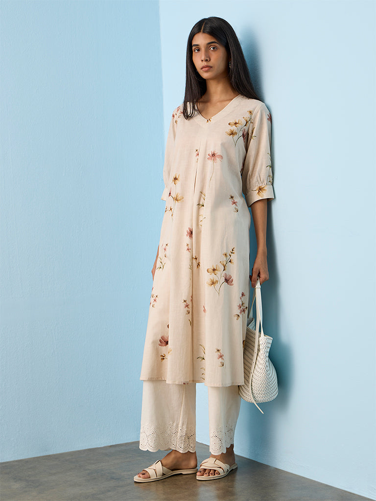 Utsa Taupe Floral Printed Cotton A-line Kurta